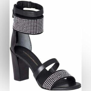 Rebecca Minkoff Shawn Black Leather and Silver Studded Heeled Sandals Size 7.5/8